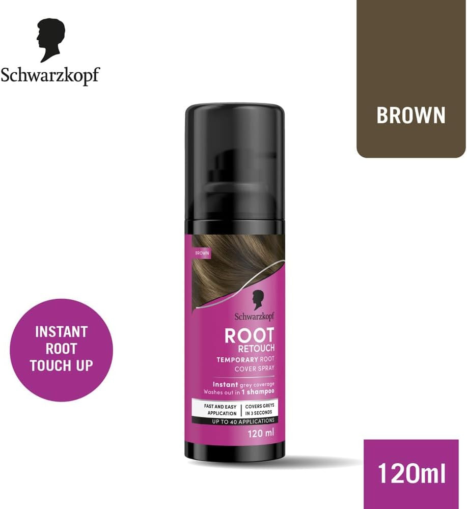 Schwarzkopf Root Retouch, Instant grey root coverage spray for regrowth, sweat and rain resistant, temporary roots spray, Brown, 120 ml (Pack of 1)