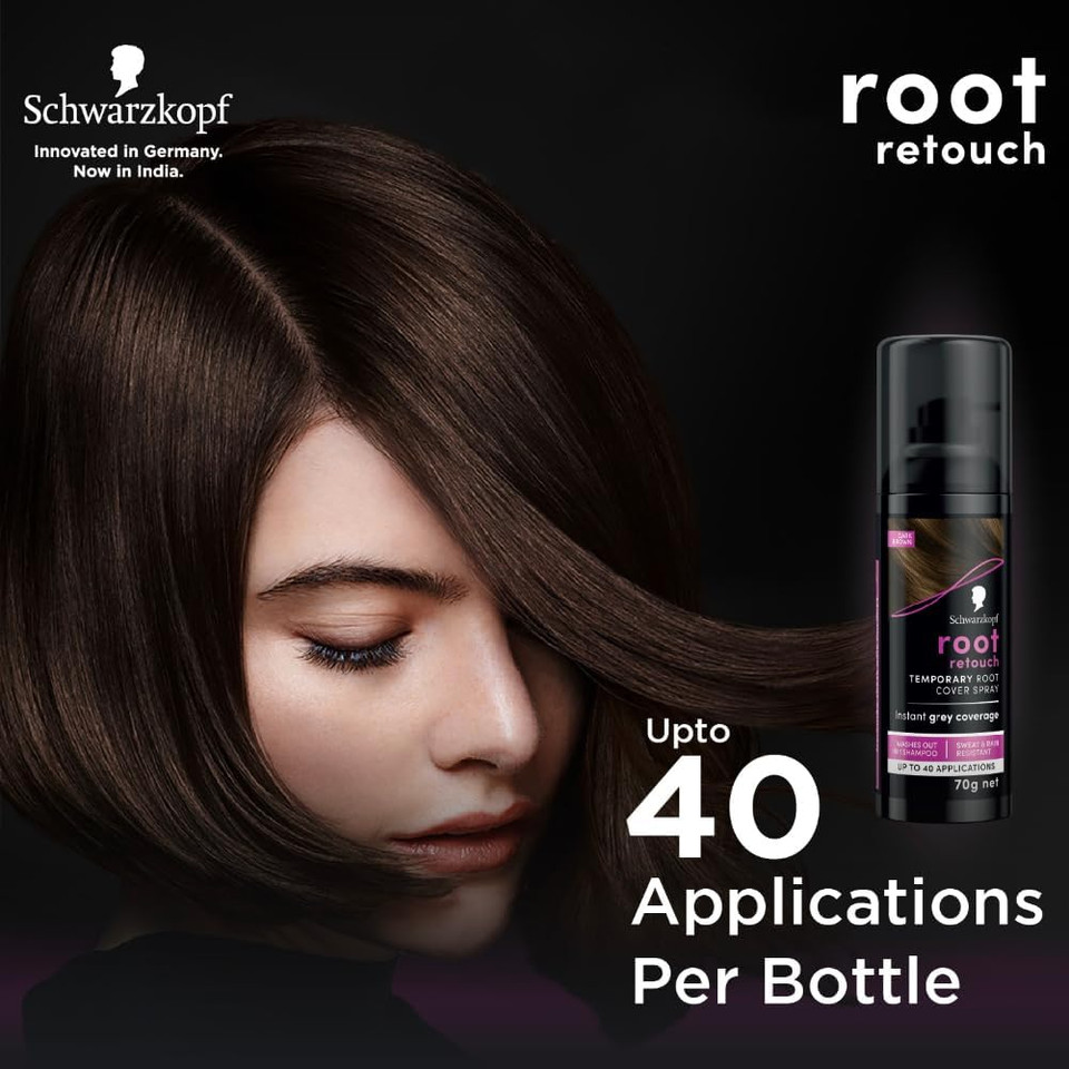 Schwarzkopf Root Retouch, Vegan, Temporary Dye Instant Brunette Hair Root Concealer, Grey Coverage, 40 Applications, 1 Wash, Dark Brown, 120ml