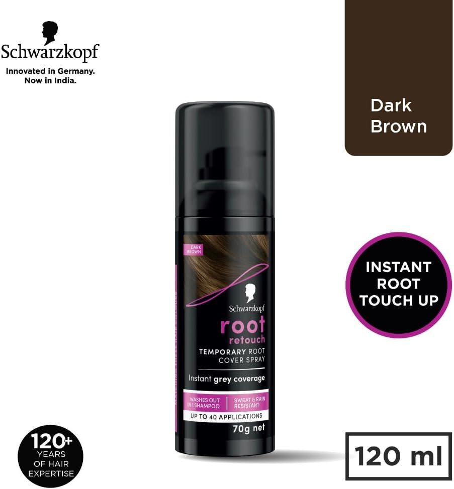 Schwarzkopf Root Retouch, Vegan, Temporary Dye Instant Brunette Hair Root Concealer, Grey Coverage, 40 Applications, 1 Wash, Dark Brown, 120ml
