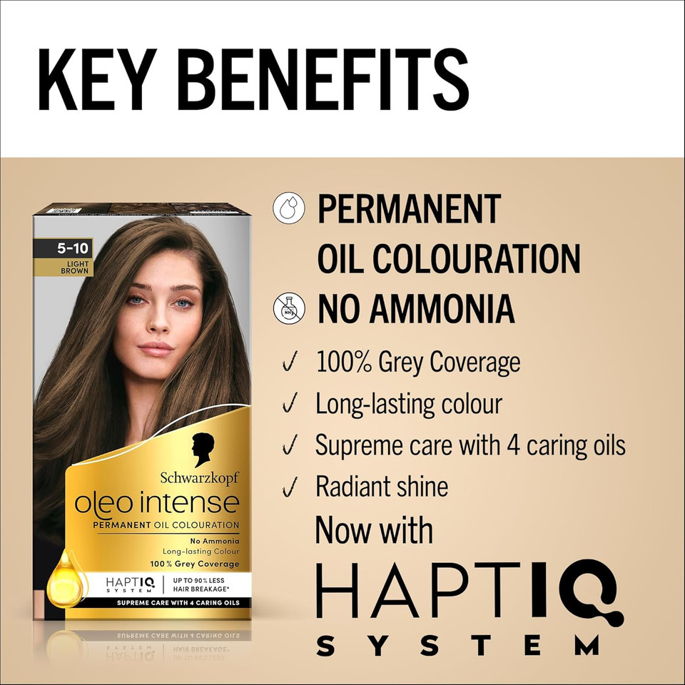 Schwarzkopf Oleo Intense Permanent Oil Colour 4-60 Gold Brown Hair Dye, 100% Grey Coverage, Conditioner with HaptIQ System, Long-Lasting Colour, Ammonia Free Hair Dye
