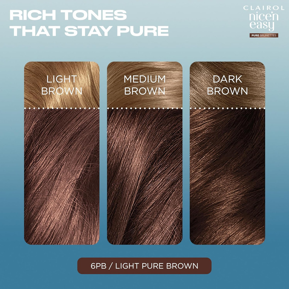 Clairol Nice n Easy Pure Brunettes Hair Colour | Pure and Rich Brown Tones | Smooth, Natural Hair Colour | With Pre-Colour Serum | 100% Grey Coverage | 6PB Light Hazelnut Brown| Permanent Hair Dye