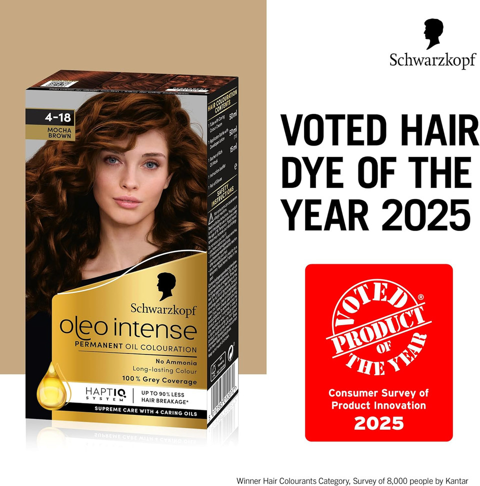Schwarzkopf Oleo Intense Permanent Oil Colour 4-18 Mocha Brown Hair Dye, 100% Grey Coverage, Conditioner with HaptIQ System, Long-Lasting Colour, Ammonia Free Hair Dye