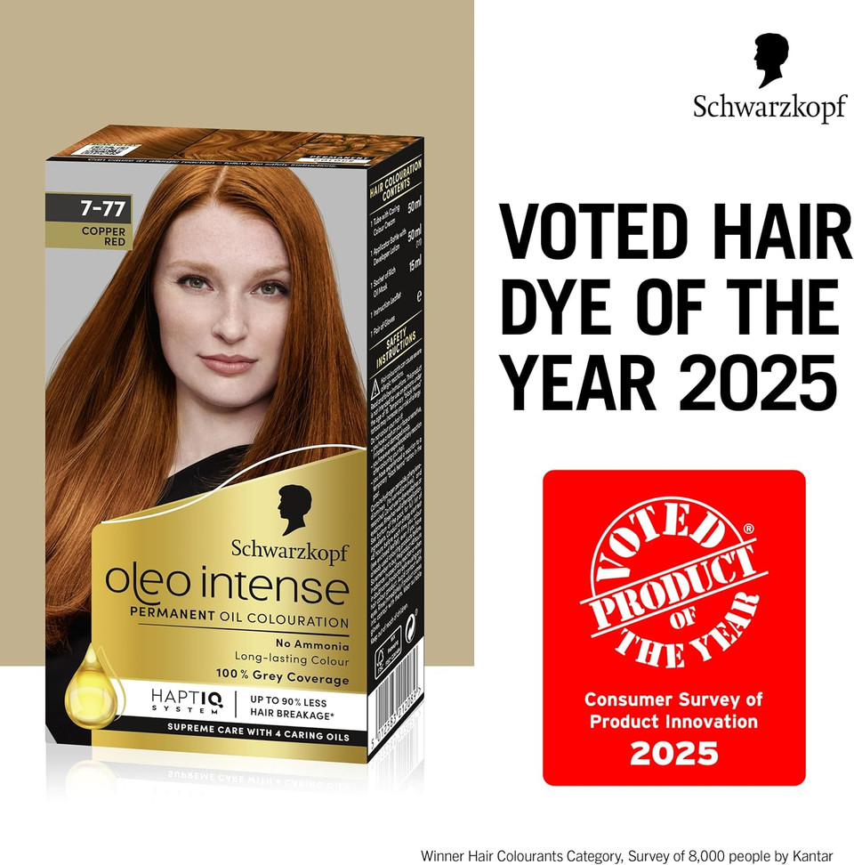 Schwarzkopf Oleo Intense Permanent Oil Colour 7-77 Copper Red Hair Dye, 100% Grey Coverage, Conditioner with HaptIQ System, Long-Lasting Colour, Ammonia Free Hair Dye