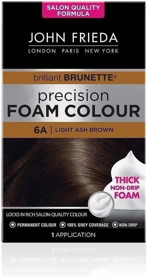 John Frieda Precision Foam Colour 6A, Salon Finish Hair Dye, 100 Percent Grey Coverage, Light Ash Brown