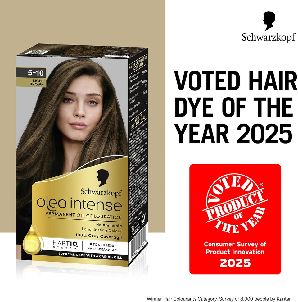Schwarzkopf Oleo Intense Permanent Oil Colour 5-10 Light Brown Hair Dye, 100% Grey Coverage, Conditioner with HaptIQ System, Long-Lasting Colour, Ammonia Free Hair Dye