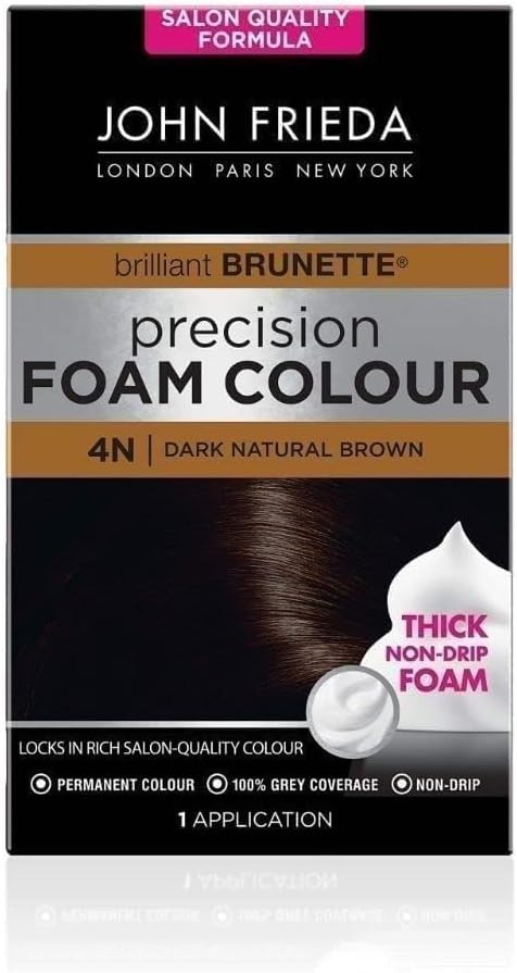 John Frieda Precision Foam Colour 4N, Salon-Finish Dark Natural Brown Hair Dye, Dark Brown Permanent Hair Colour, 100% Grey Coverage