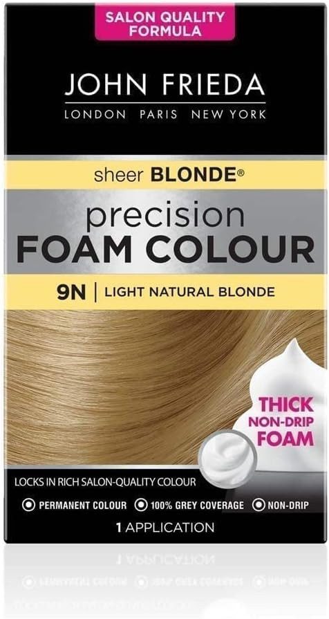 John Frieda Sheer Blonde Precision Foam Colour 9N Light Natural Blonde Hair Dye for Blonde Hair, Non-Drip Permanent Hair Colour, 100% Grey Coverage