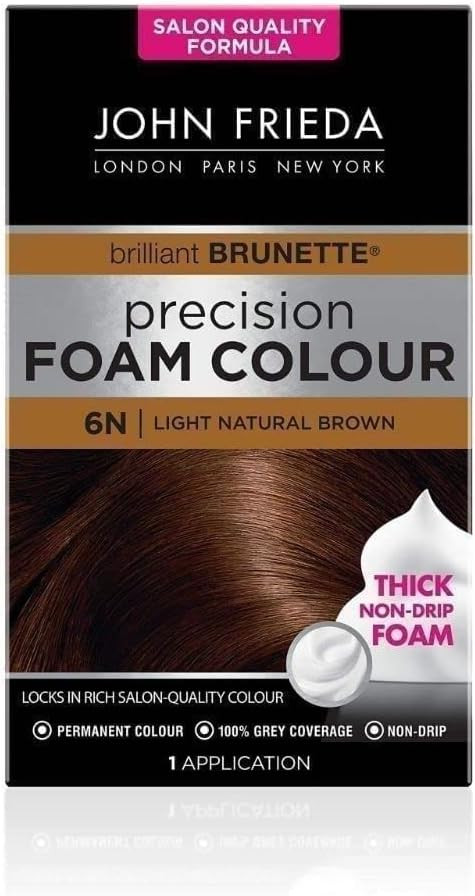 John Frieda Precision Foam Colour 6N, Salon Finish Hair Dye, 100 Percent Grey Coverage, Light Natural Brown