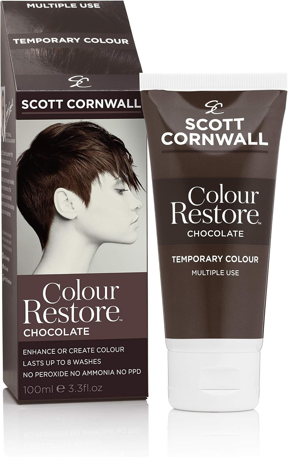 Scott Cornwall Colour Restore Chocolate Temporary Dye - Restores and Creates Rich Glossy Chocolate Tones - PPD Peroxide Free Vegan Friendly Deep Conditioner Grey Cover TouchUp for Dark Brunette Bases