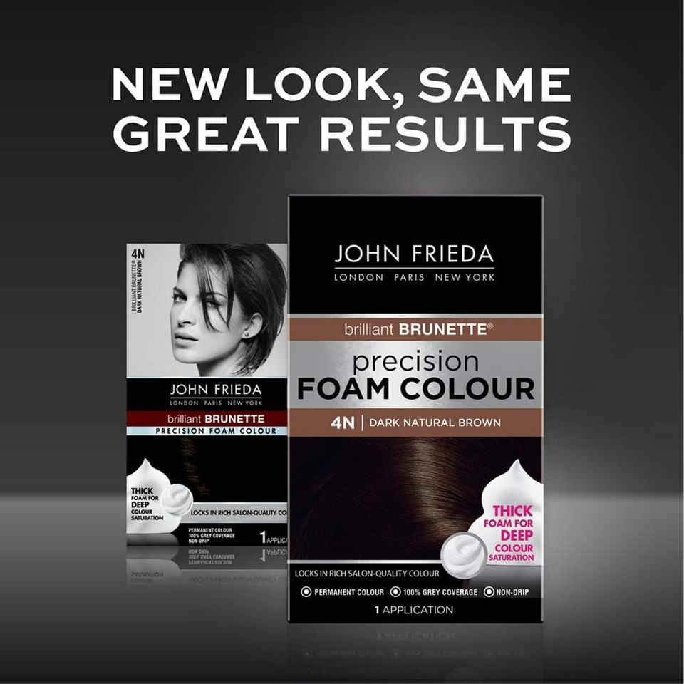 John Frieda Precision Foam Colour 4N, Salon-Finish Dark Natural Brown Hair Dye, Dark Brown Permanent Hair Colour, 100% Grey Coverage (Pack of 2)