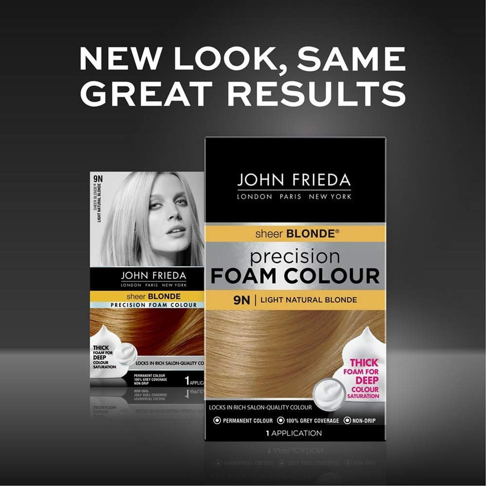 John Frieda Sheer Blonde Precision Foam Colour 9N Light Natural Blonde Hair Dye for Blonde Hair, Non-Drip Permanent Hair Colour, 100% Grey Coverage (Pack of 2)