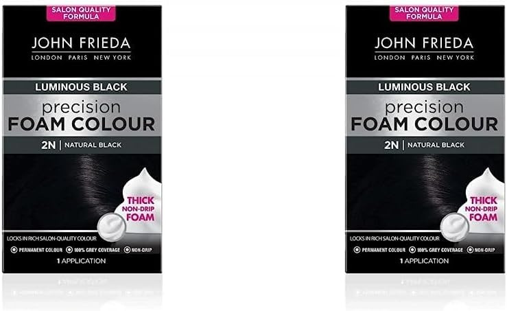 John Frieda Precision Foam Colour 2N, Luminous Natural Black, Salon-Finish Permanent Black Hair Dye, Black Hair Colour, 100% Grey Coverage (Pack of 2)