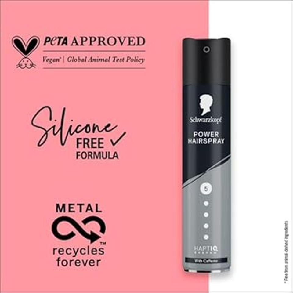 Schwarzkopf Hairspray Power 250ml, with Caffeine, Hold Level 5 Hair Styling, Hairspray for All Hair Types,Long-Lasting Power Hold, Vegan Formula