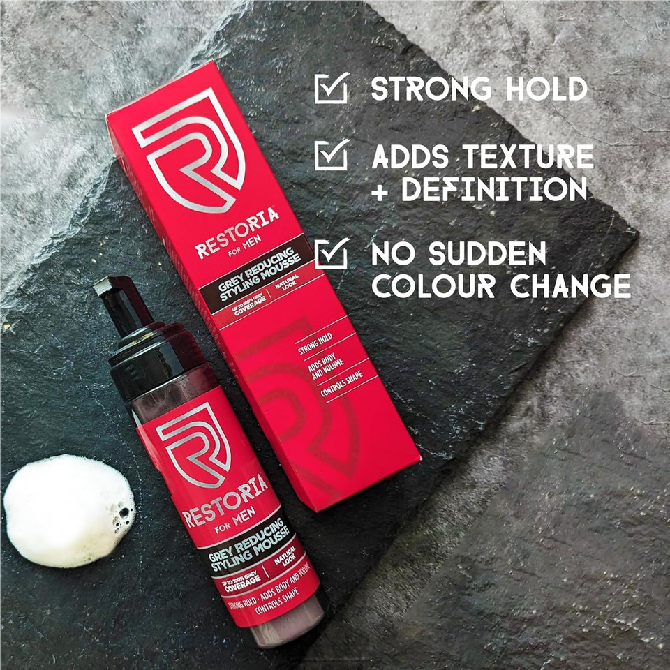 Restoria Grey Reducing Styling Mousse for Men - Hair Mousse That Helps Get Rid Of Your Greys & Give a Long-Lasting Style, Up to 100% Grey Coverage - Vegan, 200ml