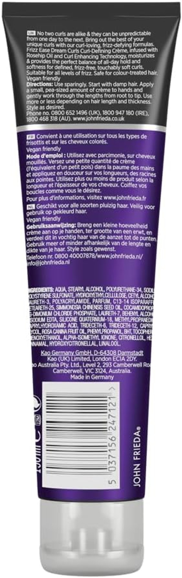 John Frieda Frizz Ease Dream Curls Defining Crème 150ml, Smoothing, Hydrating And Defining Cream Curly And Wavy Hair
