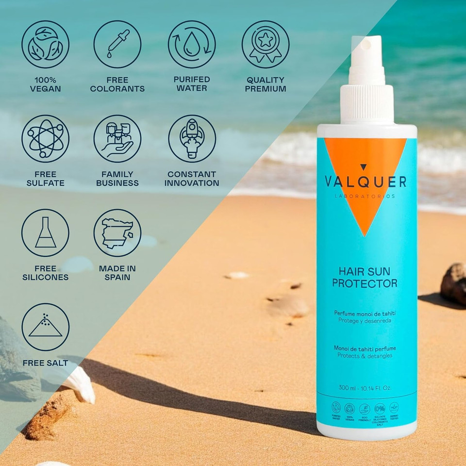 Valquer Laboratorios â Sonnenschutzspray für das Haar â Schützt das Haar gegen Sonne, Salz und Chlor â Mit Revierbalsam und Vitamin B5 â Tahitianischer Monoi, einzeln, 300 ml