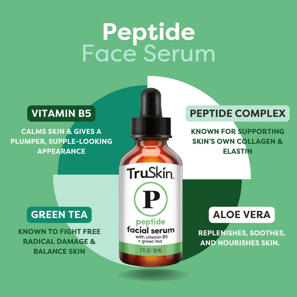 TruSkin Peptide Serum For Face with Collagen Boosting Peptides, Amino Acids, Green Tea, Aloe and Vitamins B5 & E, 1 fl oz