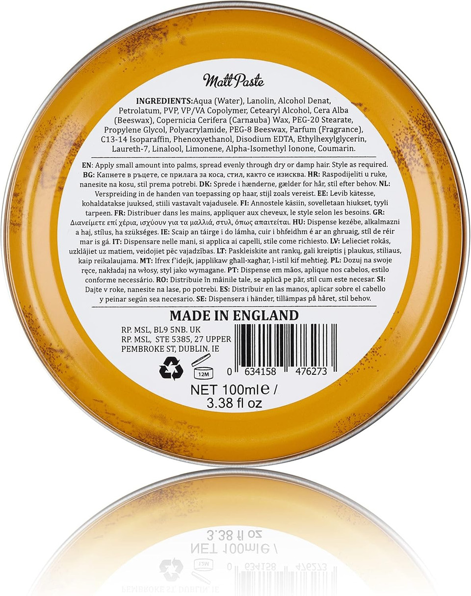 Dapper Dan Matt Paste, High Hold Low Shine Hair Paste for Men, Adds Texture with Flexible Hold for All Styles, Vintage Cologne Fragrance, 1 x 100ml
