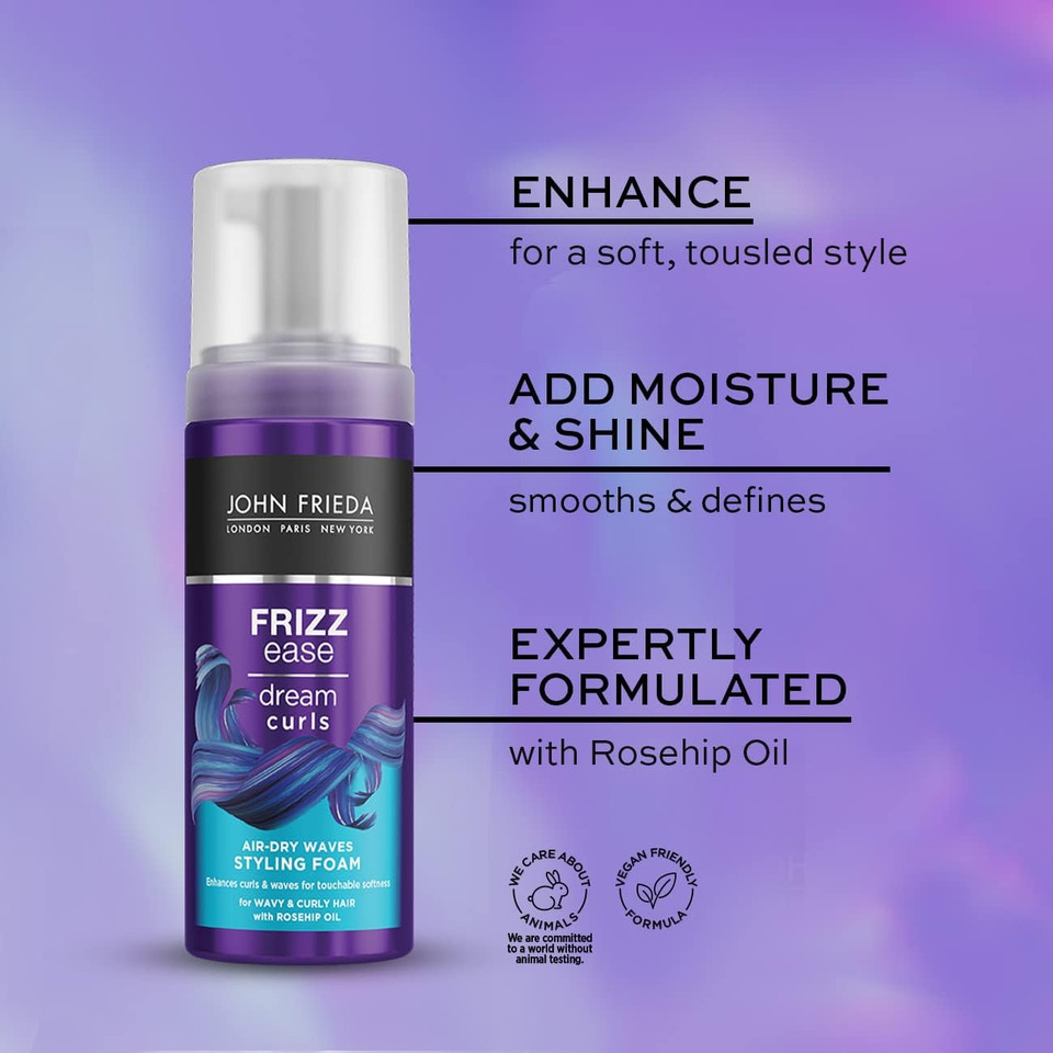 John Frieda Frizz Ease Dream Curls Air Dry Waves Styling Foam 150ml, Wave and Curl Enhancer, Lightweight Anti-Frizz Styling Foam (Pack of 2) John Frieda Frizz Ease Dream Curls Air Dry Waves Styling Foam 150ml, Wave and Curl Enhancer, Lightweight Anti-Frizz Styling Foam (Pack of 2)