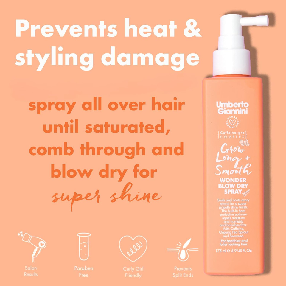 Umberto Giannini Grow Long & Smooth Wonder Blow Dry Hair Spray - Built in Heat Protectant Blow-dry Spray that adds Volume and Reduces Frizz for Thin Hair, Hair-loss - 175 ml, 5.9 FL Oz