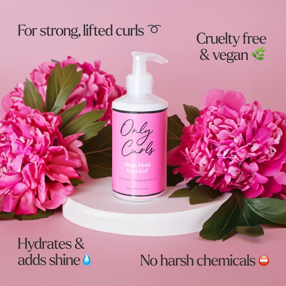 Only Curls Mega Hold Curl Gel, 250ml, Curly Hair Product, Curl Definer & Frizz-Control, Long Lasting Styling Gel, Strong Hold, Defined, Frizz-Free Curls Without Stickiness, For All Curly Hair Types
