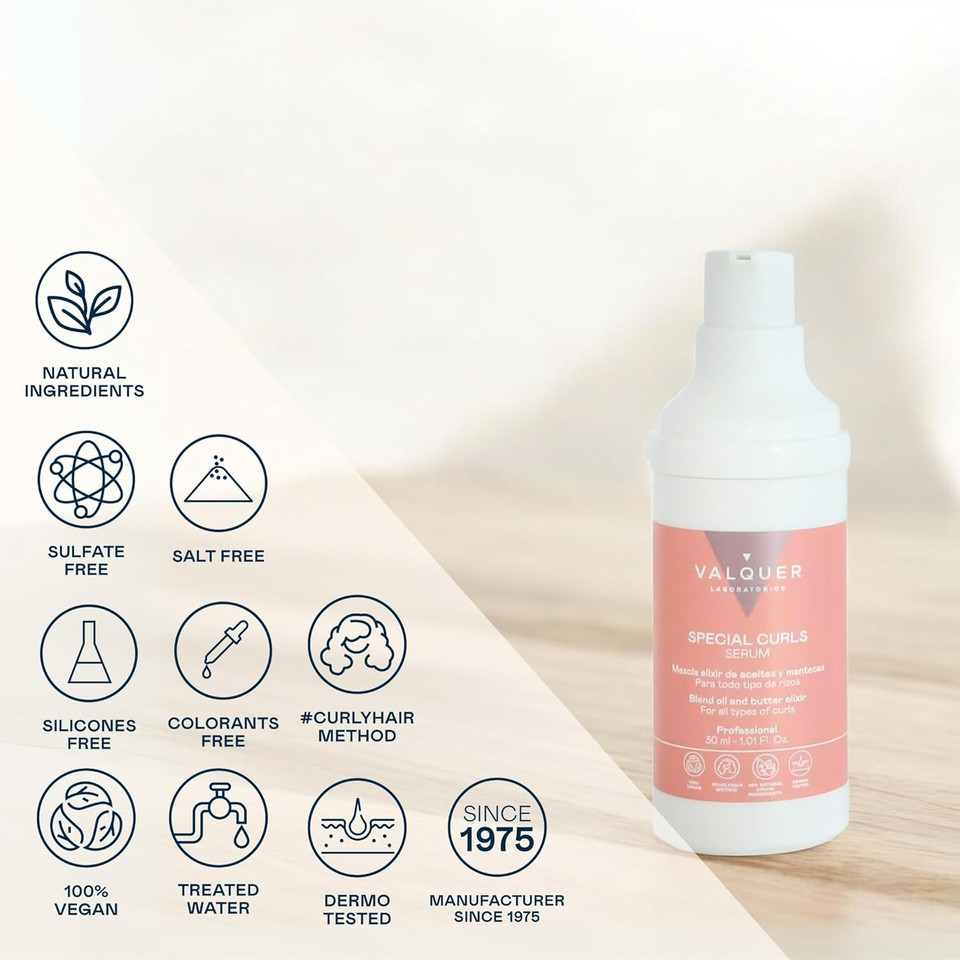 Valquer Serum for Curly Hair, Curly Method for Defined, Natural Curls. Soft, Frizz-Free Hair. With an Elixir Blend of Oils and Butters. Vegan. 30 ml