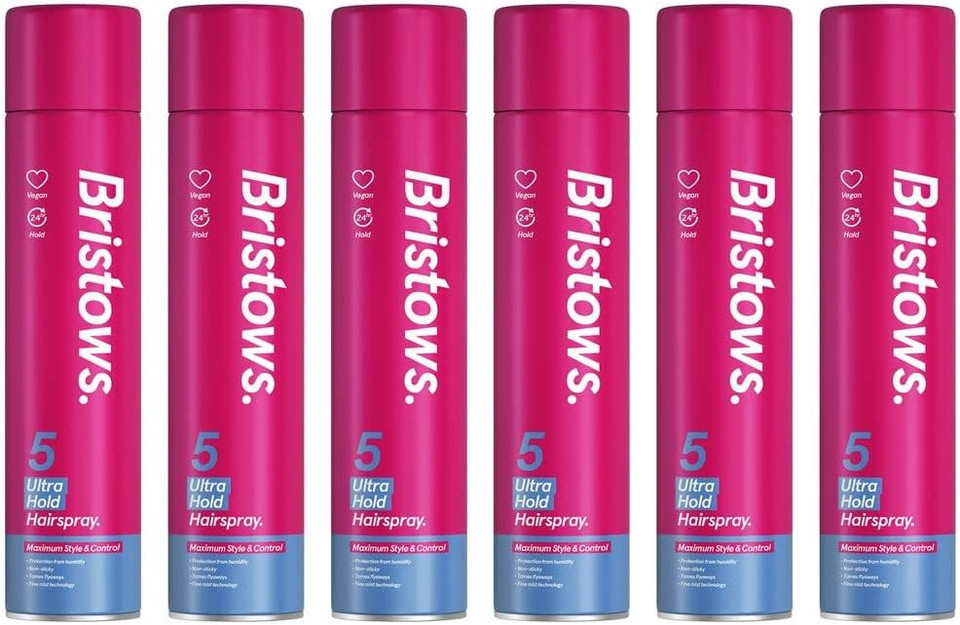 Bristow's Natural Hold Hairspray, pack of 6, up to 24 hours hold, tames flyaways, non-sticky, Vegan, protects against humidity, 400ml Bristow's Natural Hold Hairspray, pack of 6, up to 24 hours hold, tames flyaways, non-sticky, Vegan, protects against humidity, 400ml