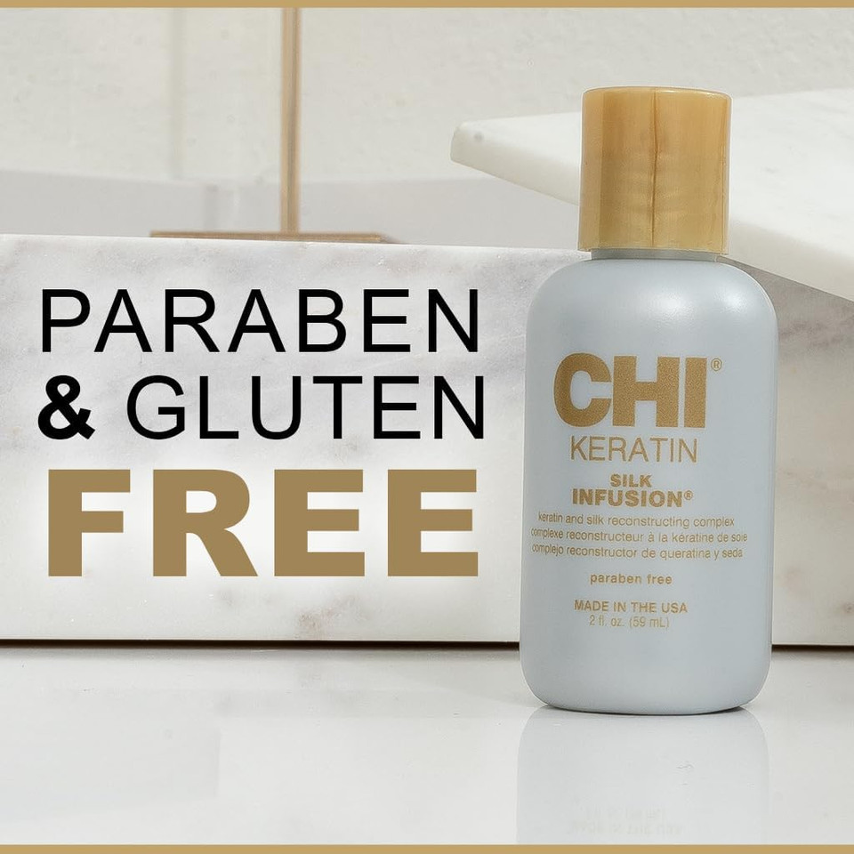 CHI Keratin Silk Infusion ; Reconstructing Keratin Treatment Hair Serum ; Leave-In Hair Oil for Dry Damaged Hair ; Hydrates, Restores & Adds Shine ; Paraben-Free, Gluten-Free & Color-Safe, 177 ml