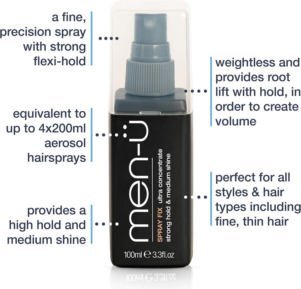 men-u mens hair SPRAY FIX 100ml  hair gel spray, high hold and medium shine. Root lift with hold to create volume  Ultra concentrate, longer lasting. Hairspray men, 100ml Bottle REFILL