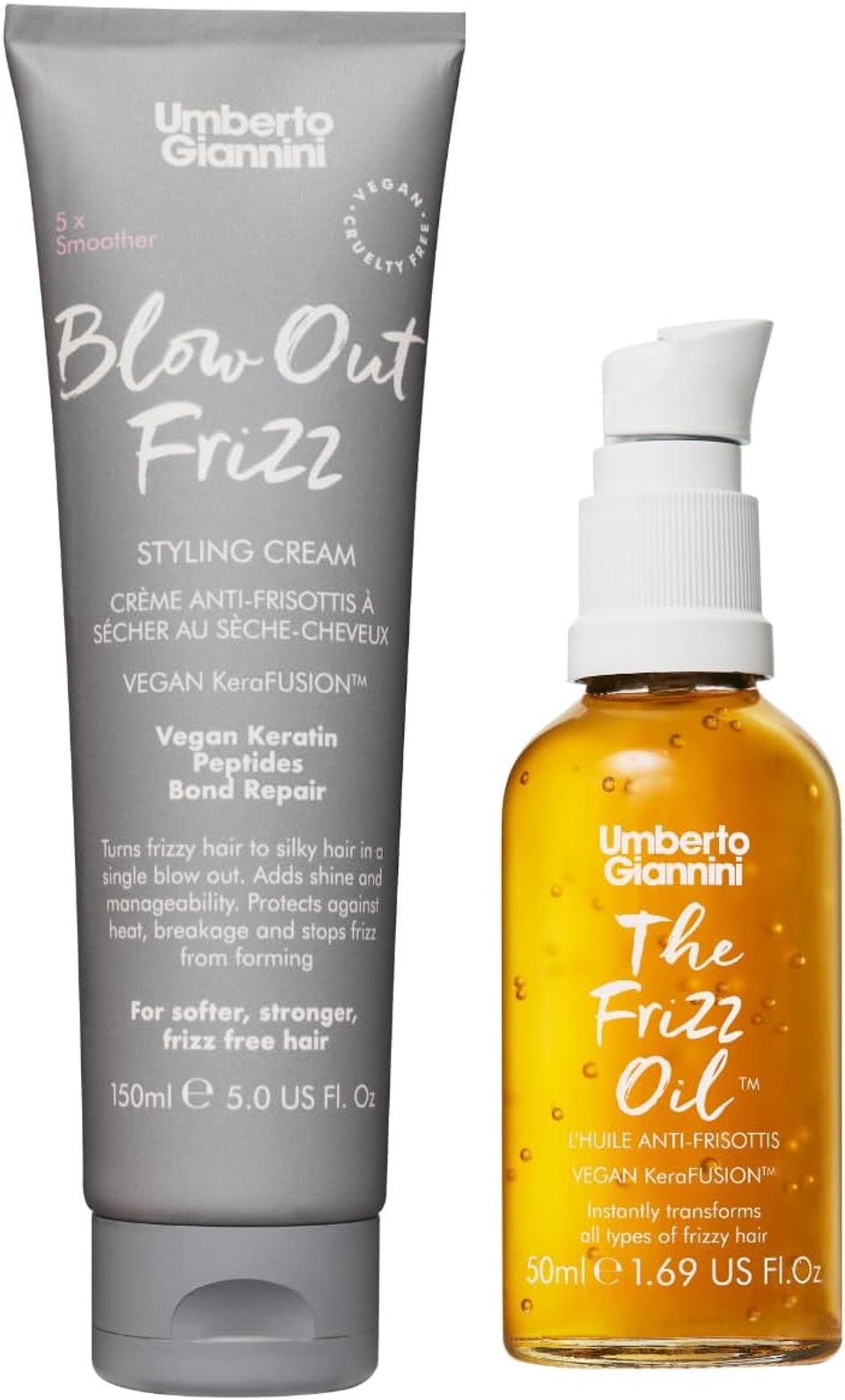 Umberto Giannini Blow Out Frizz Hair Styling Cream 150ml with Heat Protection 230°C & The Frizz Oil 50ml - Shine Enhancing Vegan Keratin Bond Repair Hair Oil With Metal Detox Technology