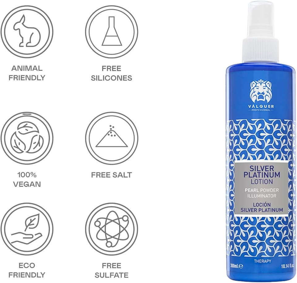 Valquer Silver Platinum Leave-In Hair Lotion for Blonde or Bleached Hair. A yellowish or orange toner, it provides shine and a conditioning effect with panthenol. 300 ml Valquer Silver Platinum Leave-In Hair Lotion for Blonde or Bleached Hair. A yellowish or orange toner, it provides shine and a conditioning effect with panthenol. 300 ml