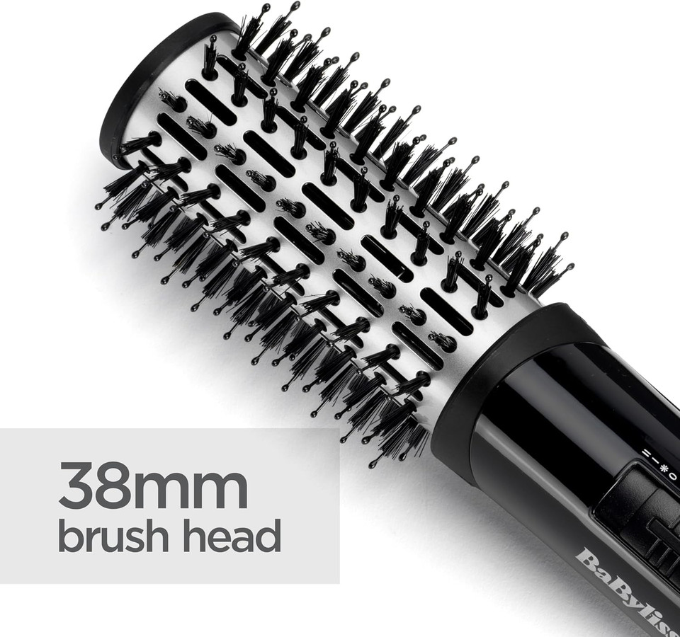 BaByliss Flawless Volume Hot Air Brush - Dry And Style in One, Titanium-Ceramic 38mm Barrel for Smoothness, Ionic Frizz-Control, Black, 2764U