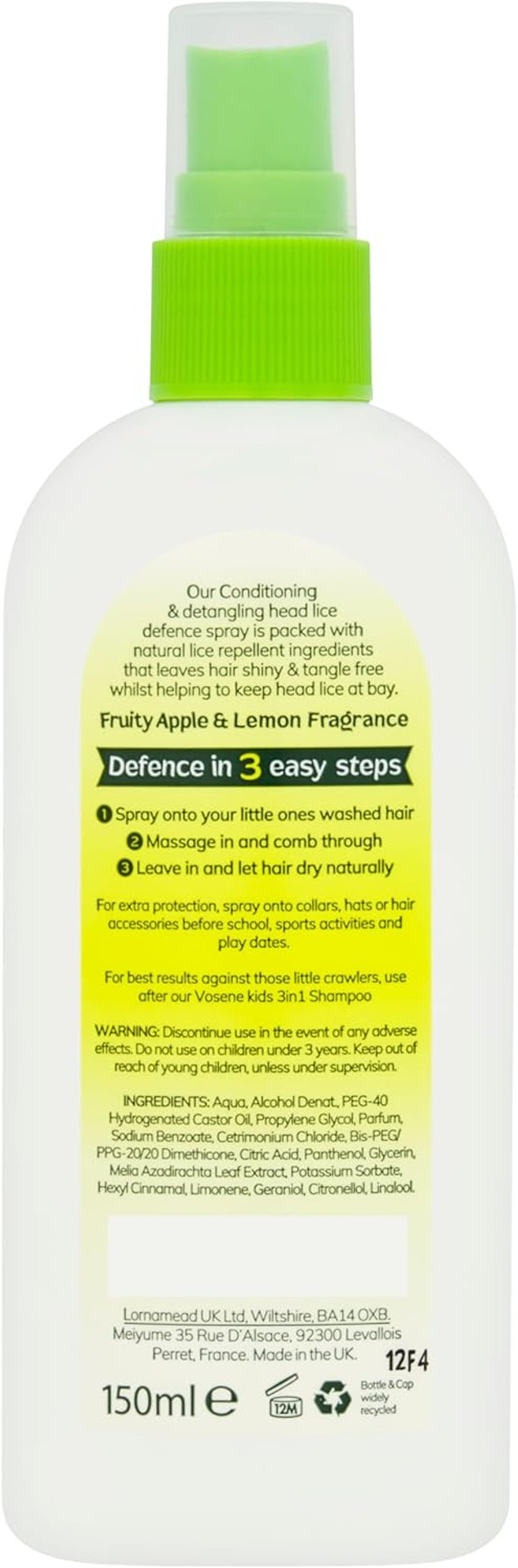 Vosene Kids Apple & Lemon Head Lice Defence Spray 150ml, Conditioning and detangling Natural Head lice Repellent with Tea Tree Leaf, citronella and Eucalyptus Oil, Helps to Keep headlice at Bay