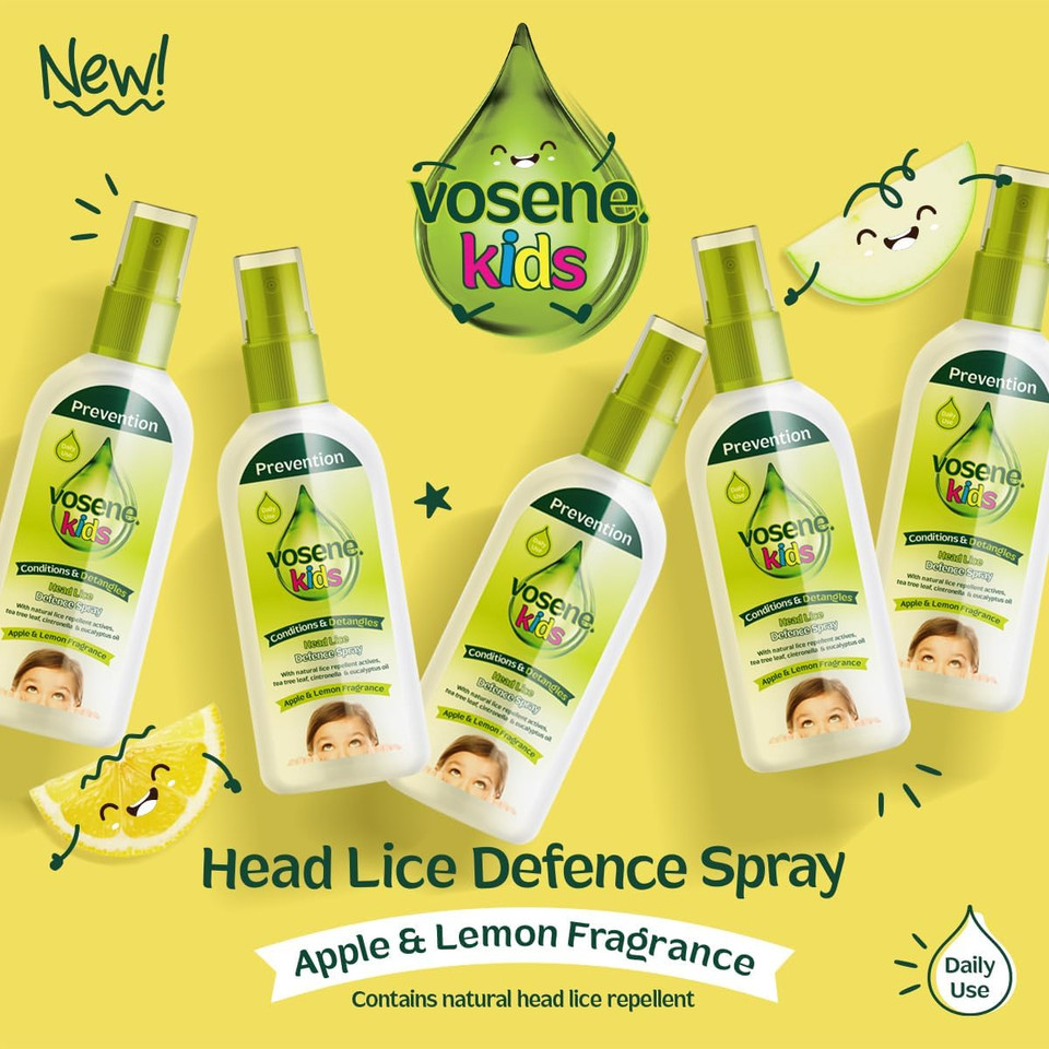 Vosene Kids Apple & Lemon Head Lice Defence Spray 150ml, Conditioning and detangling Natural Head lice Repellent with Tea Tree Leaf, citronella and Eucalyptus Oil, Helps to Keep headlice at Bay