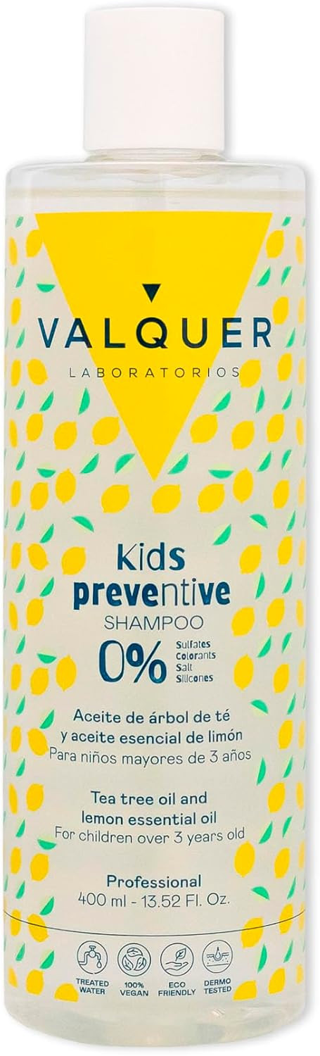 Valquer Formula Zero Preventive Shampoo for Children. Cleanses, purifies, and protects hair. Provides freshness with tea tree and lemon oil and natural ingredients. Ages 3+. 400ml