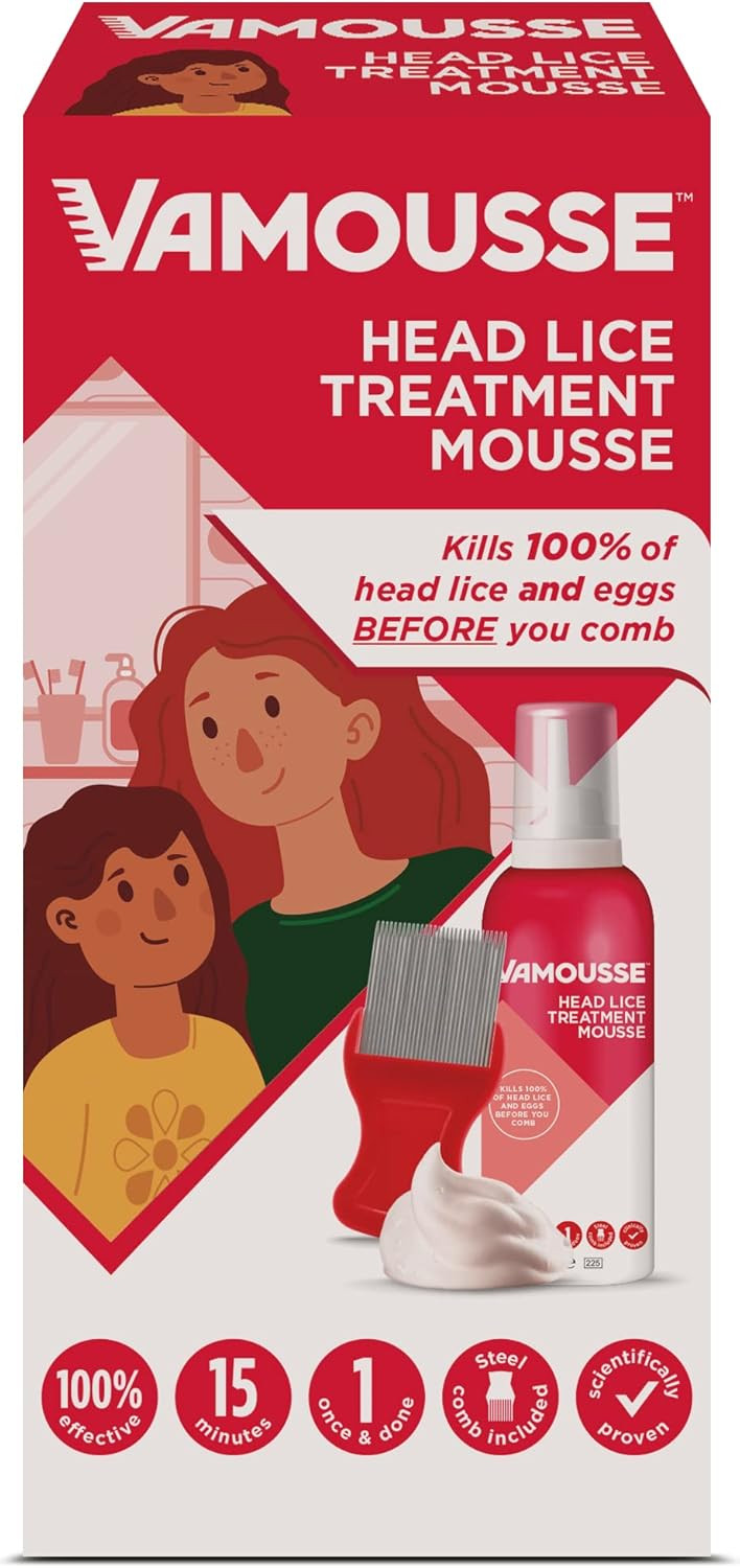 Vamousse Head Lice Treatment Mousse | Kills 100% of Head lice and Eggs Within 15 Minutes I One-time Application I Non-Greasy | Steel Nit Comb Included | 160 ml