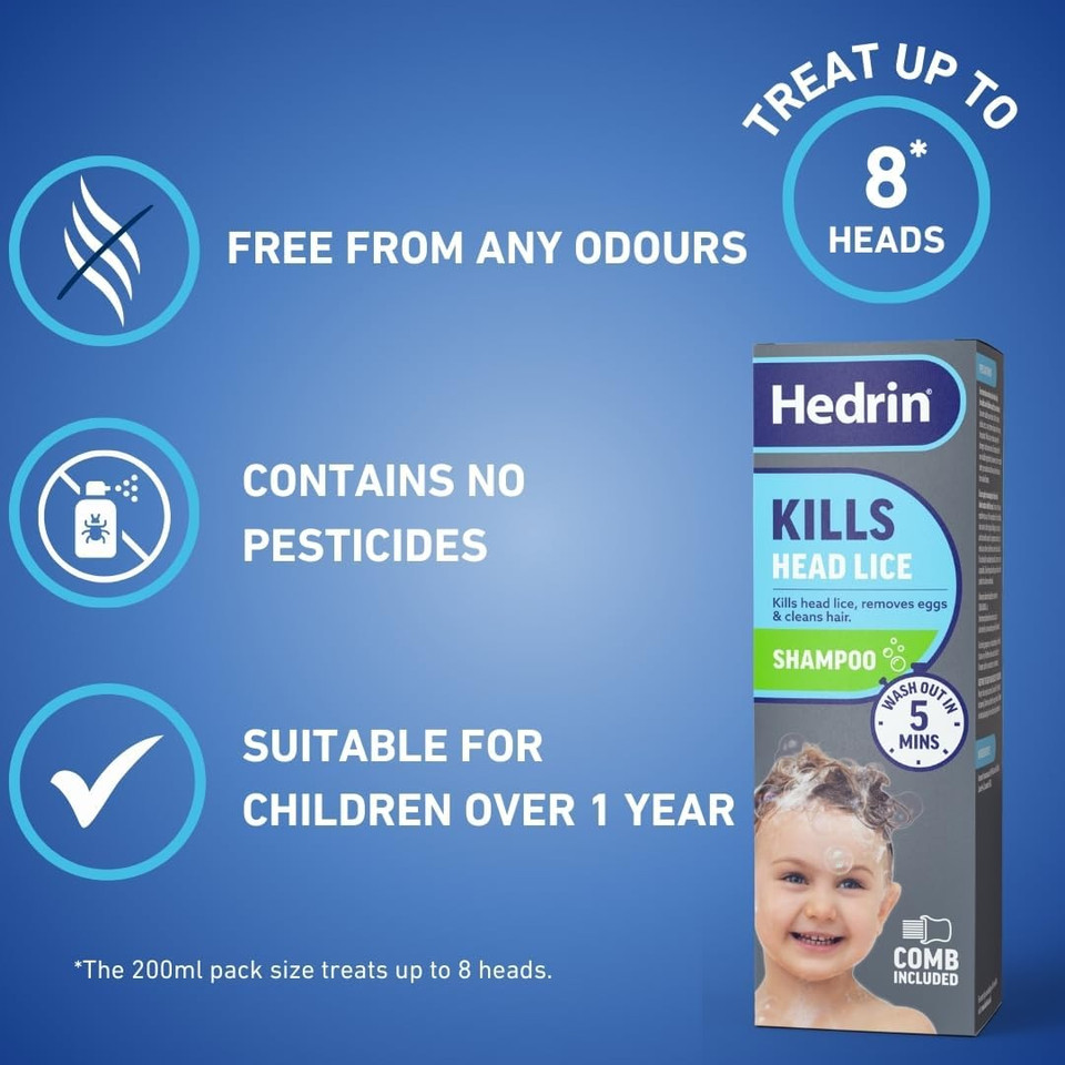 Hedrin Head Lice Shampoo and Comb Kit, Kills Head Lice and Eggs in 5 Minutes, 8 Treatments, Clinically Tested, Suitable for Adults and Children, 200ml, (Formerly All-in-One - Packaging May Vary)