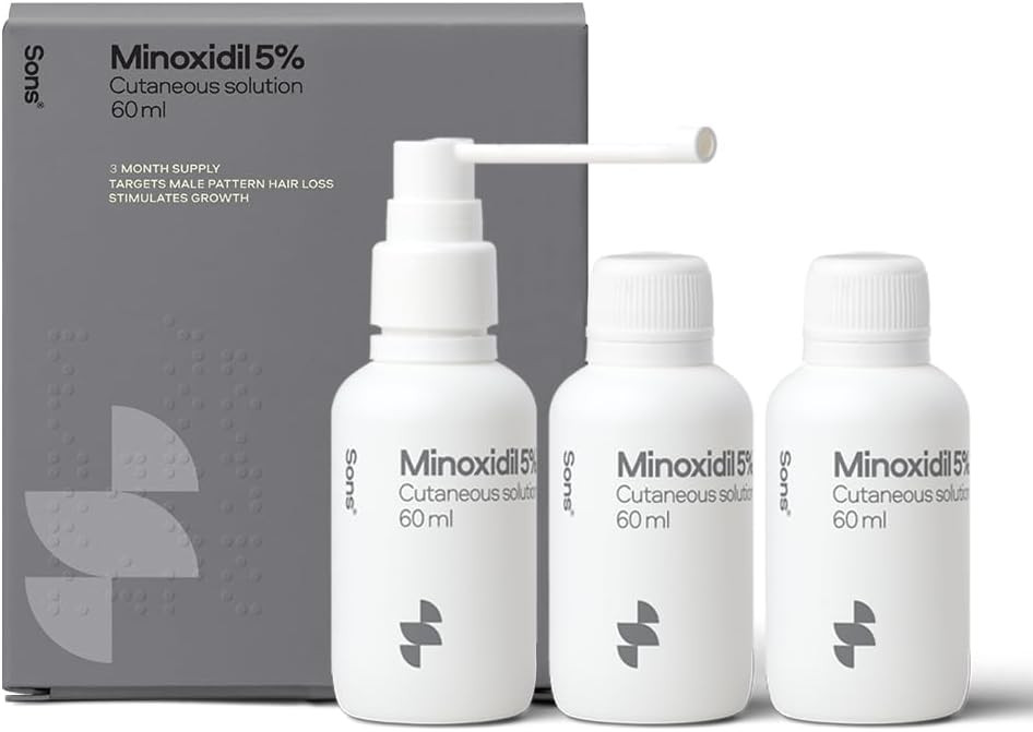 Sons Minoxidil 5% Cutaneous Solution for Men, Hair Regrowth & Thickener Formula, For Hair Loss & Thinning, Reactivates Shrunken Follicles, Precision Application System, 1 Month Supply Made in Europe