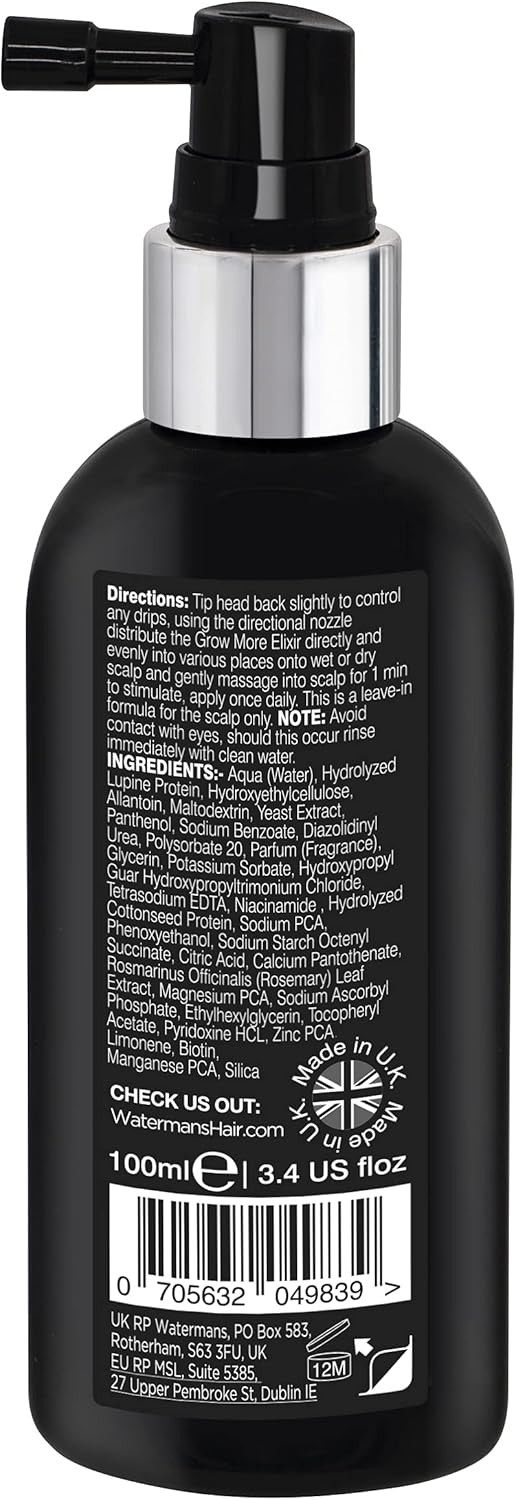 Watermans Grow More Elixir: Hair Growth Serum, Leave-In Scalp Treatment for Hair Loss & Thickening Hair. Boost Growth for Both Women & Men