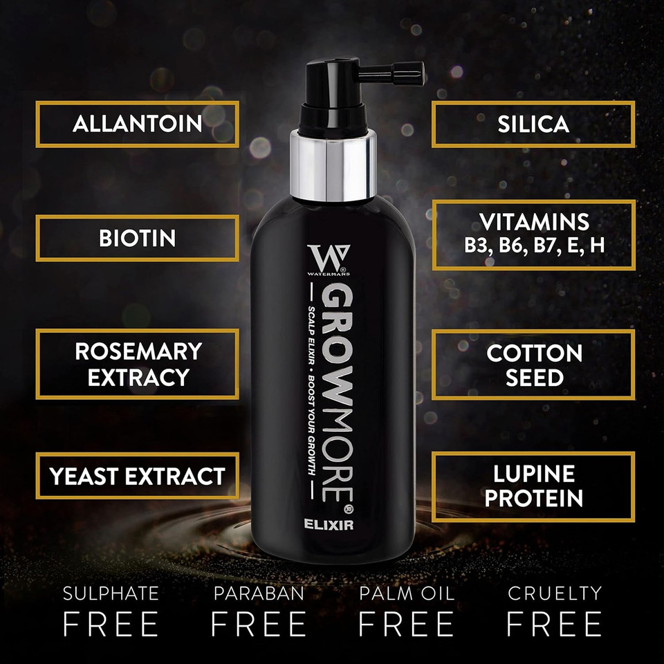 Watermans Grow More Elixir: Hair Growth Serum, Leave-In Scalp Treatment for Hair Loss & Thickening Hair. Boost Growth for Both Women & Men