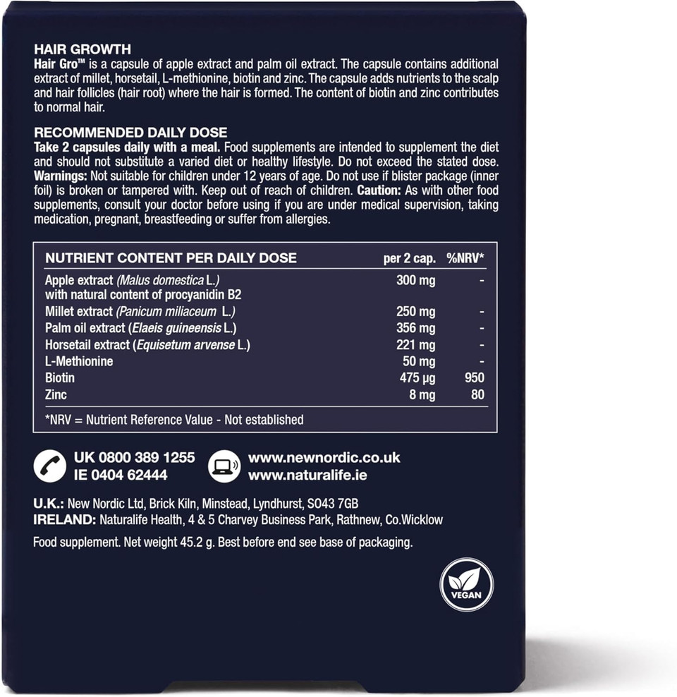 New Nordic Hair GRO - Vegan Hair Growth Supplement - Biotin, Palm Fruit Extract, & Zinc for Natural Regrowth - Swedish Made - 60 Capsules