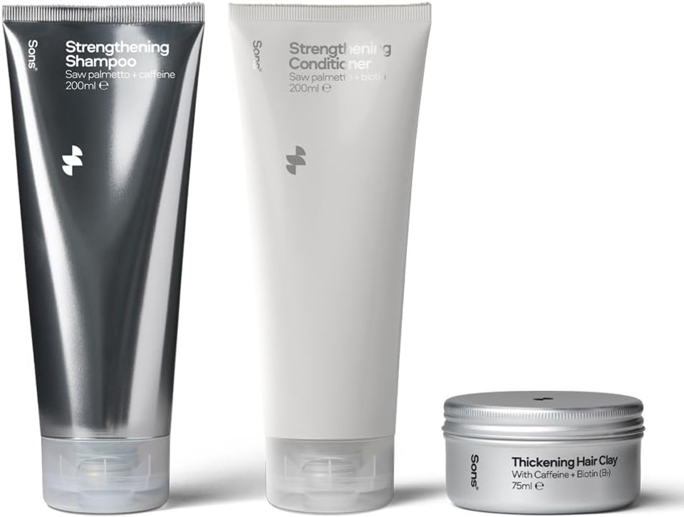 Sons Hair Strengthening Treatment Plan. Hair Growth Shampoo & Conditioner Plus Hair Styling Clay. DHT-blocker, Hair Thickening and Anti-Dandruff With Caffeine. 3 Month Supply. Made in Europe