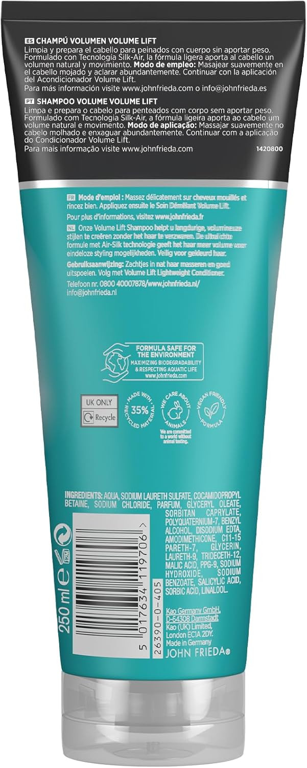 John Frieda Volume Lift Lightweight Shampoo 250 Ml, Shampoo Flat, Fine Hair, Bouncy Hair Shampoo