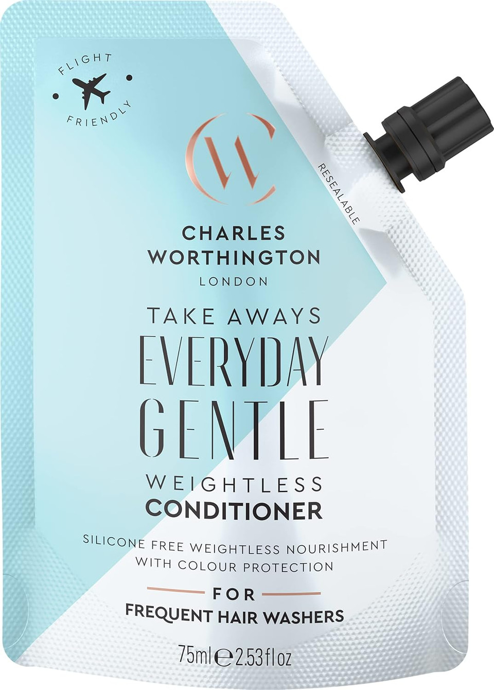 Charles Worthington Everyday Gentle Weightless Conditioner Takeaway, Travel Size, Nourish and Protect, Salon Conditioner for Everyday Use, 75ml