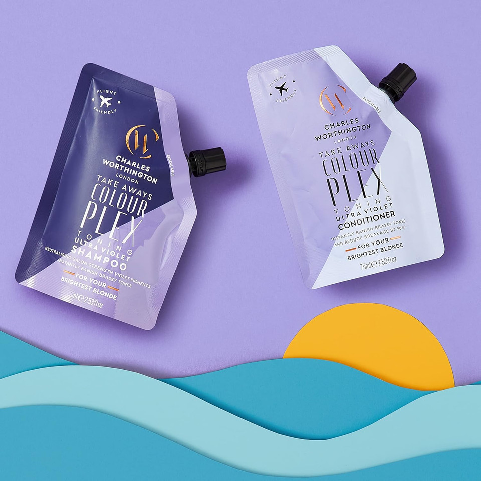 Charles Worthington Colourplex Toning Ultra Violet Shampoo Takeaway, Travel Size, Purple Shampoo for Blonde Hair, Purple Toning Shampoo, 75ml