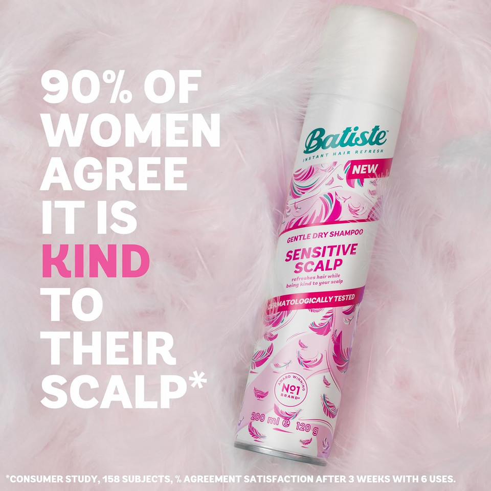 Batiste Sensitive Scalp Lightly Scented Dry Shampoo, Dermatologically Tested, Kind to Scalp, No Rinse Shampoo Hair Spray, Gentle Lightweight Formula for Refreshed Hair, Infused with Aloe Vera, 200ml