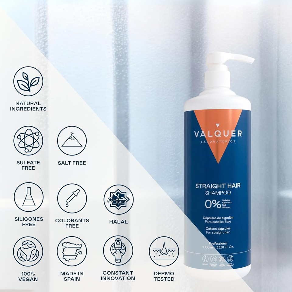 Valquer Formula Zero Shampoo for Straight Hair. Cleanses and protects hair, providing shine and smoothness without frizz. With cotton capsules, panthenol, fucogel, and vitamin E. Vegan. 400 ml