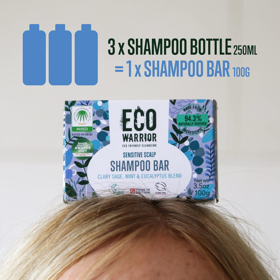 Eco Warrior Sensitive Shampoo Bar  Vegan, Cruelty Free, No SLS or Parabens, Deeply Nourishing White Clay & Clary Sage Oil, Natural Mint Plus Eucalyptus  Eco Friendly, 100g