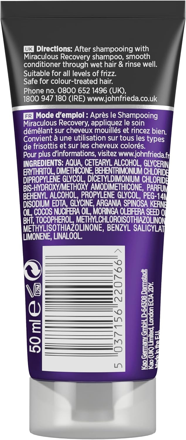 John Frieda Frizz Ease Miraculous Recovery Mini Conditioner 50ml, Repairing Travel Conditioner for Damaged Hair and Split Ends
