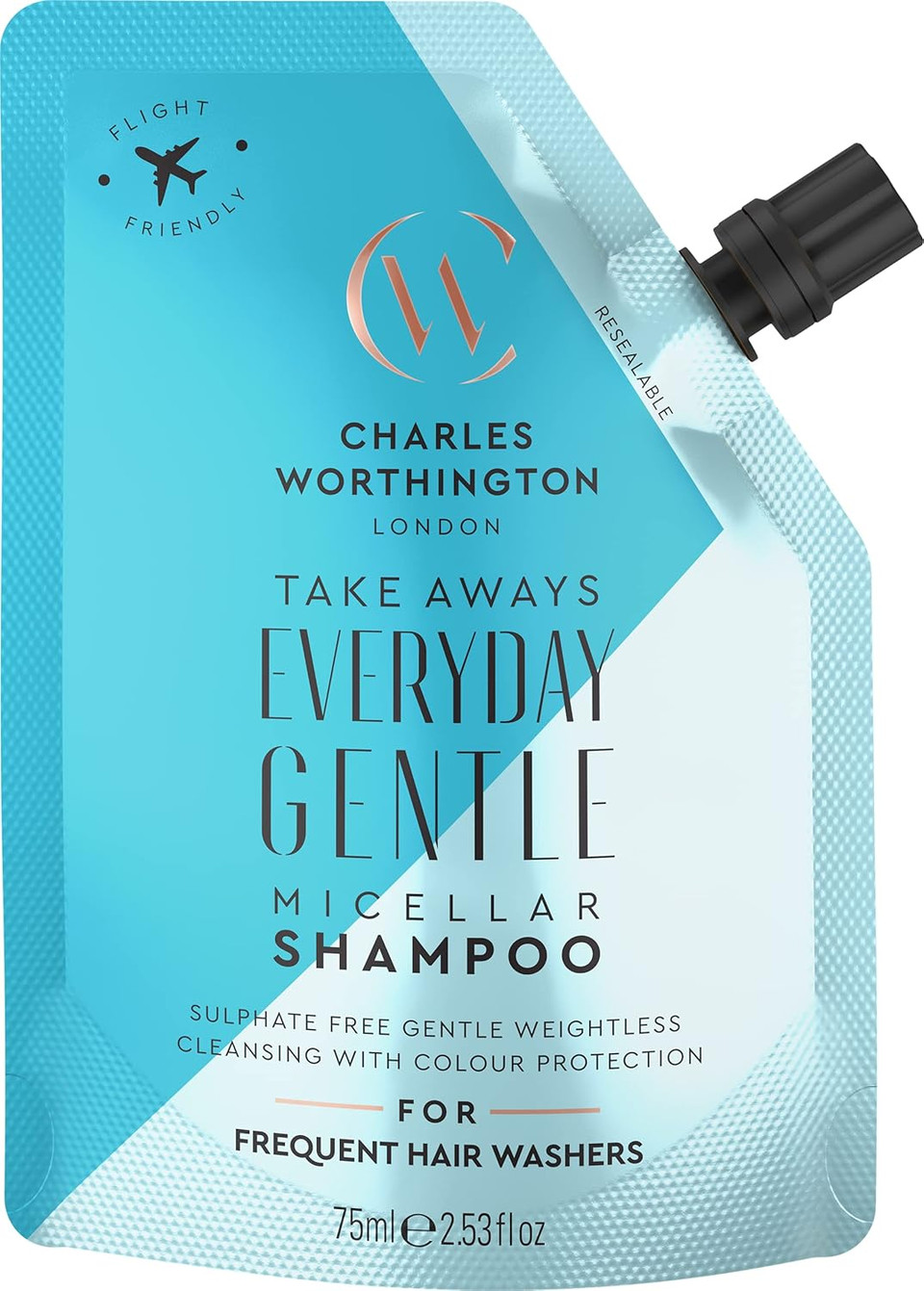 Charles Worthington Everyday Gentle Micellar Shampoo Takeaway, Travel Size, Nourish and Protect, Salon Shampoo for Everyday Use, 75ml